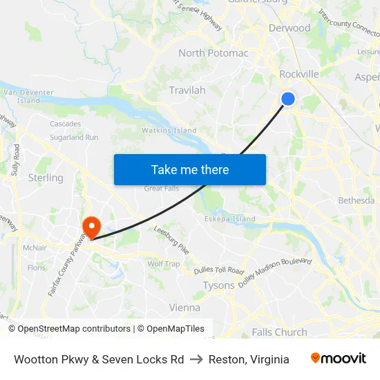 Wootton Pkwy & Seven Locks Rd to Reston, Virginia map