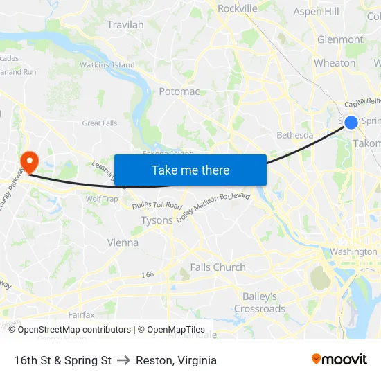 16th St & Spring St to Reston, Virginia map