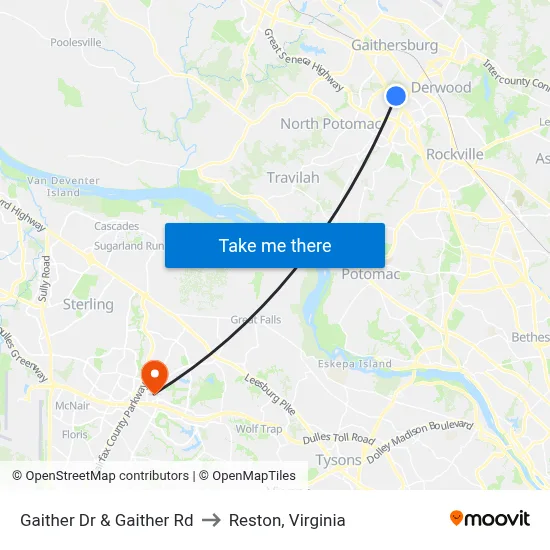 Gaither Dr & Gaither Rd to Reston, Virginia map