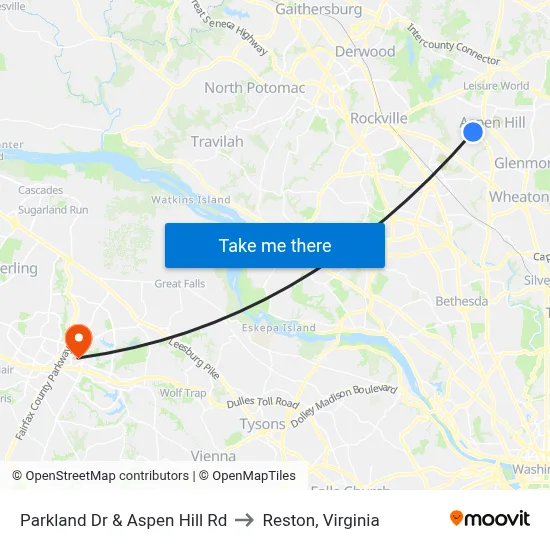 Parkland Dr & Aspen Hill Rd to Reston, Virginia map