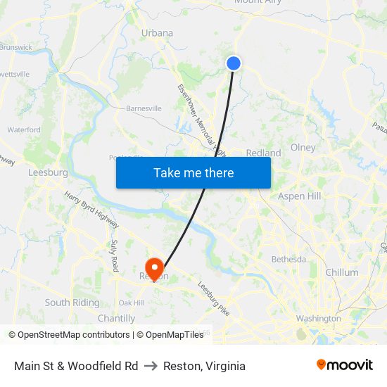 Main St & Woodfield Rd to Reston, Virginia map