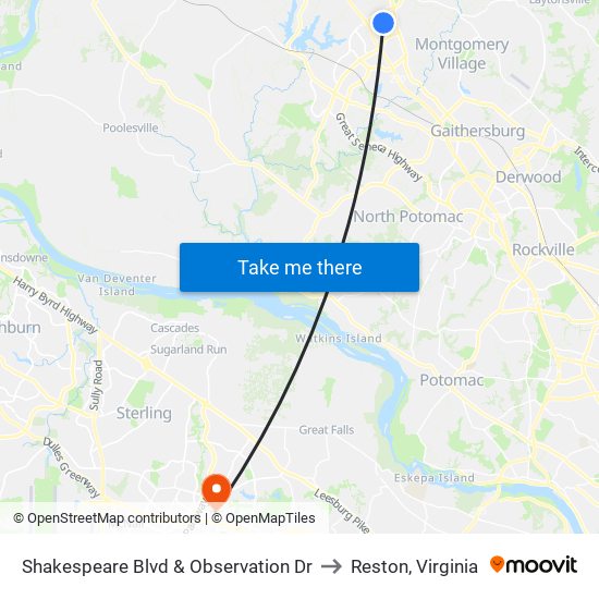 Shakespeare Blvd & Observation Dr to Reston, Virginia map