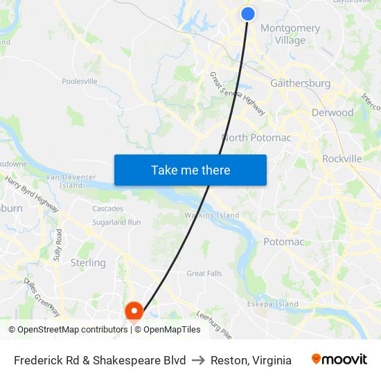 Frederick Rd & Shakespeare Blvd to Reston, Virginia map