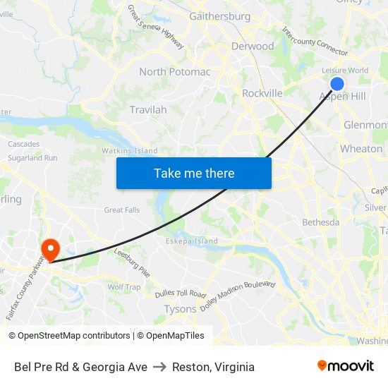 Bel Pre Rd & Georgia Ave to Reston, Virginia map