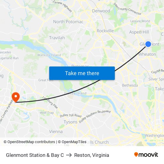 Glenmont Station & Bay C to Reston, Virginia map