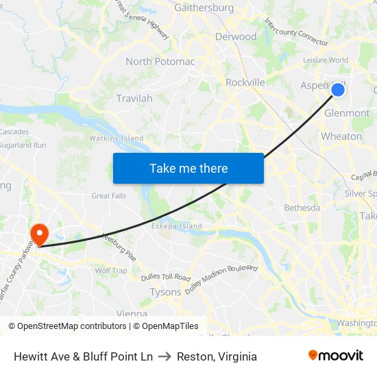 Hewitt Ave & Bluff Point Ln to Reston, Virginia map