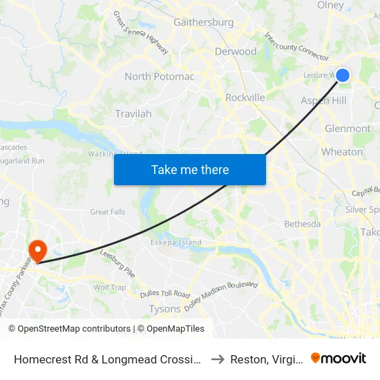 Homecrest Rd & Longmead Crossing Dr to Reston, Virginia map