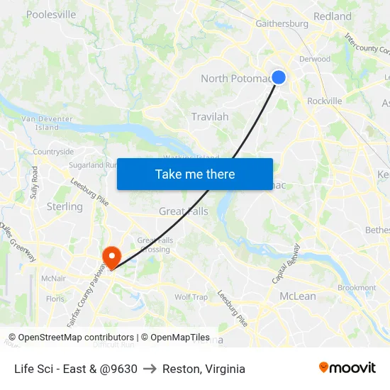 Life Sci - East & @9630 to Reston, Virginia map