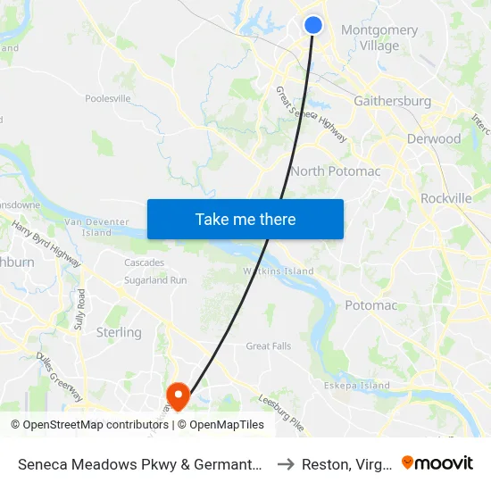 Seneca Meadows Pkwy & Germantown Rd to Reston, Virginia map