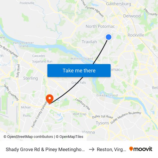 Shady Grove Rd & Piney Meetinghouse Rd to Reston, Virginia map