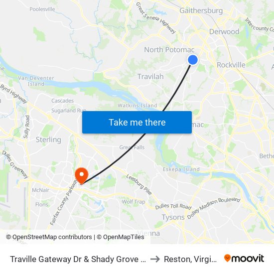 Traville Gateway Dr & Shady Grove Rd to Reston, Virginia map