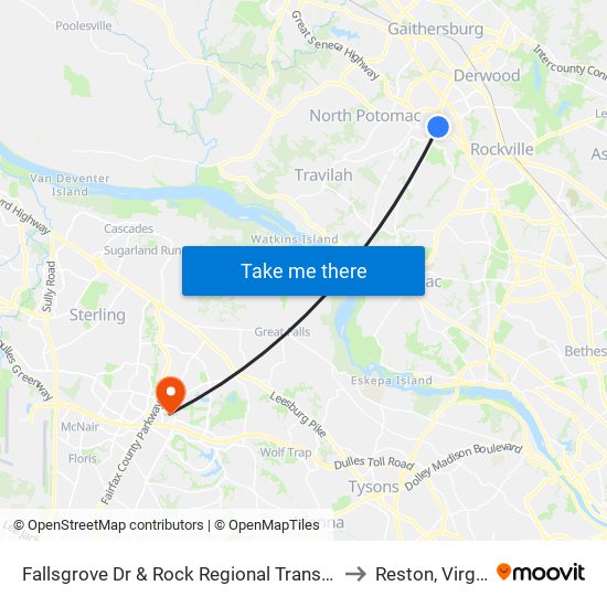 Fallsgrove Dr & Rock Regional Trans Center to Reston, Virginia map