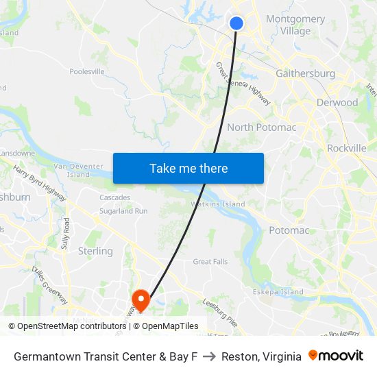 Germantown Transit Center & Bay F to Reston, Virginia map