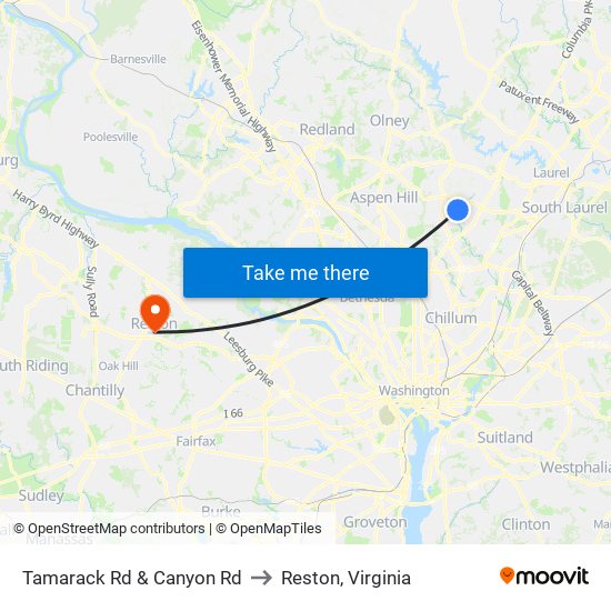 Tamarack Rd & Canyon Rd to Reston, Virginia map