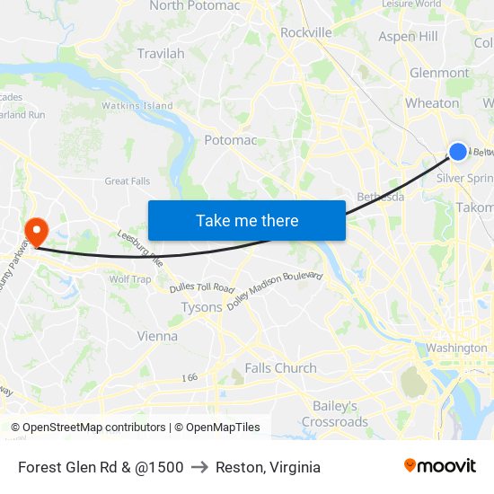 Forest Glen Rd & @1500 to Reston, Virginia map