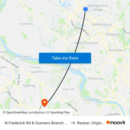 N Frederick Rd & Gunners Branch Rd to Reston, Virginia map
