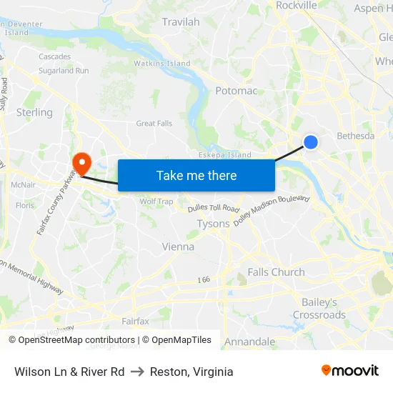 Wilson Ln & River Rd to Reston, Virginia map