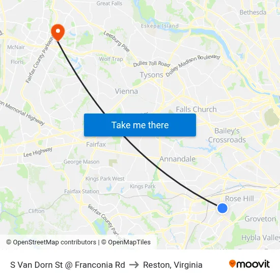 S Van Dorn St @ Franconia Rd to Reston, Virginia map