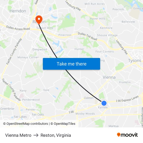 Vienna Metro to Reston, Virginia map