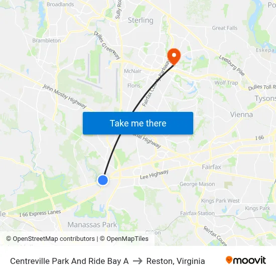 Centreville Park And Ride Bay A to Reston, Virginia map