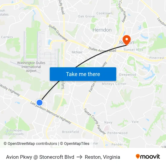 Avion Pkwy @ Stonecroft Blvd to Reston, Virginia map