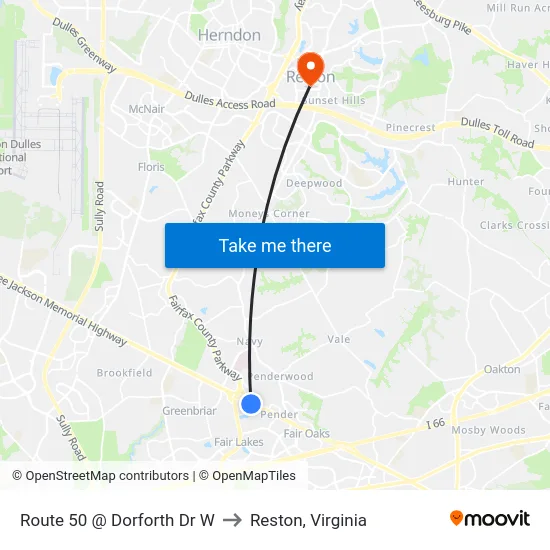 Route 50 @ Dorforth Dr W to Reston, Virginia map