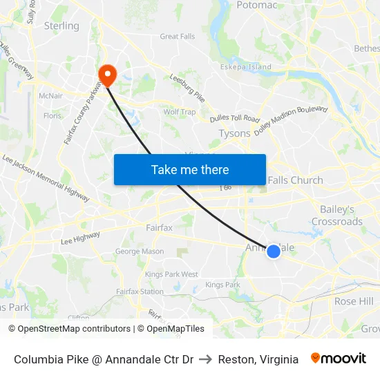 Columbia Pike @ Annandale Ctr Dr to Reston, Virginia map