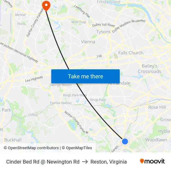 Cinder Bed Rd @ Newington Rd to Reston, Virginia map