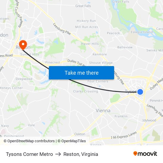 Tysons Corner Metro to Reston, Virginia map