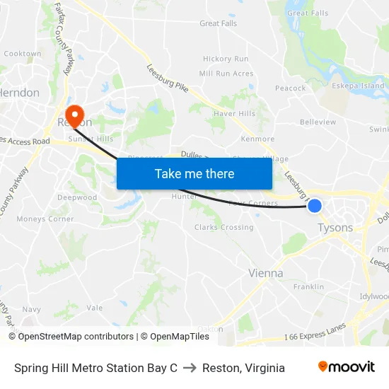 Spring Hill Metro Station Bay C to Reston, Virginia map