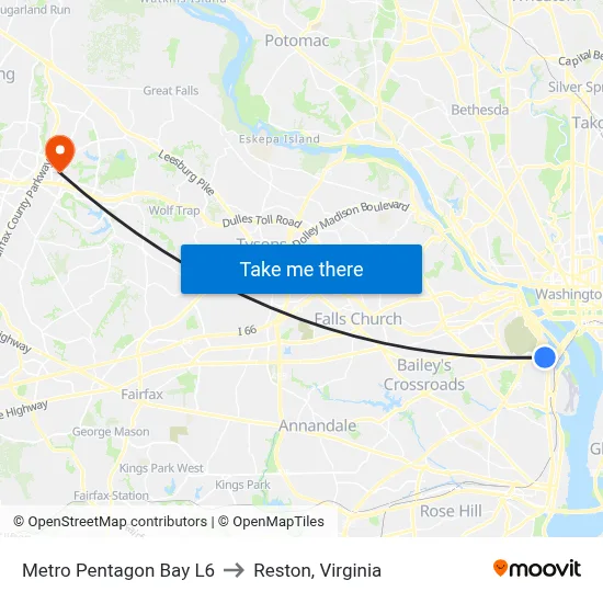 Metro Pentagon Bay L6 to Reston, Virginia map
