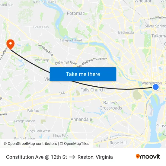 Constitution Ave @ 12th St to Reston, Virginia map