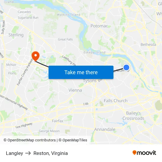 Langley to Reston, Virginia map