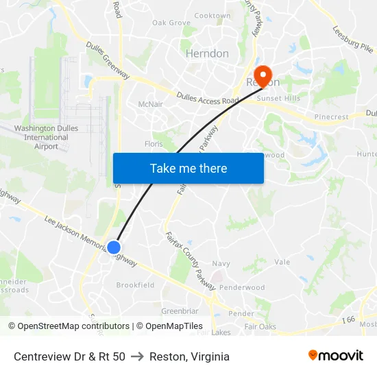 Centreview Dr & Rt 50 to Reston, Virginia map