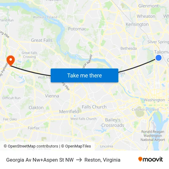 Georgia Av Nw+Aspen St NW to Reston, Virginia map
