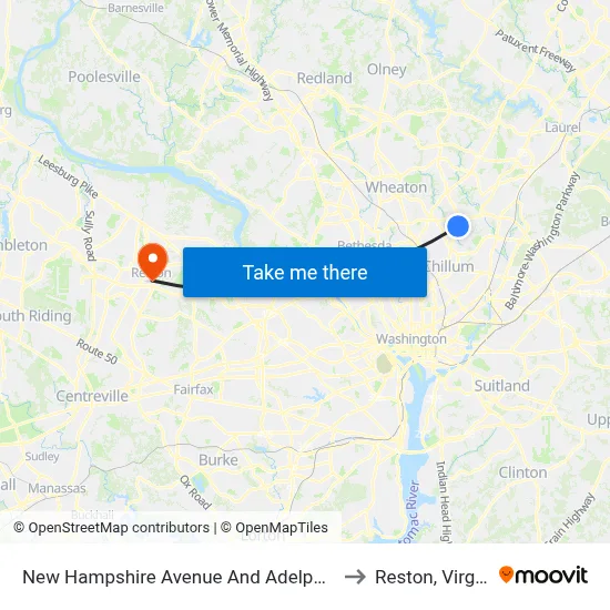New Hampshire Avenue And Adelphi Road to Reston, Virginia map