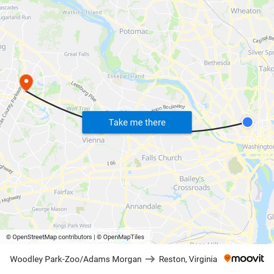 Woodley Park-Zoo/Adams  Morgan to Reston, Virginia map