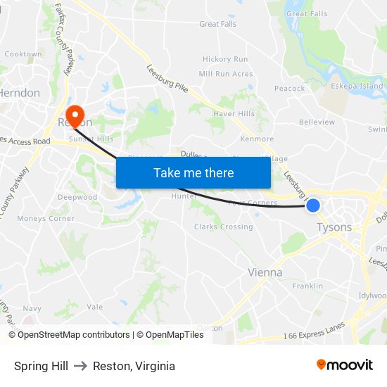 Spring Hill to Reston, Virginia map