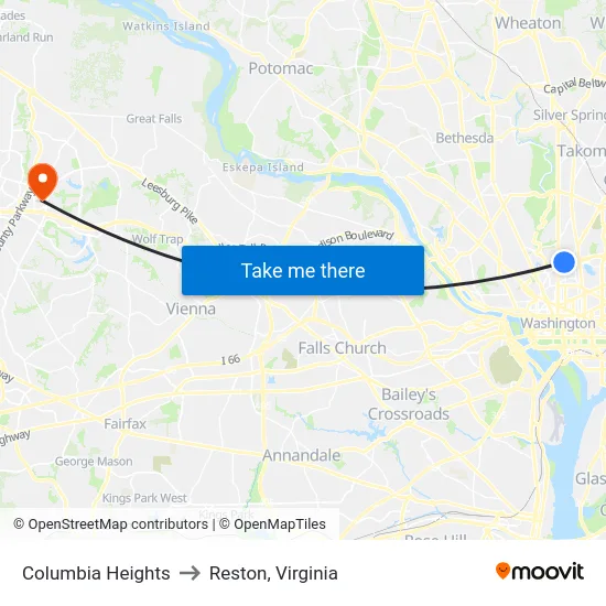 Columbia Heights to Reston, Virginia map