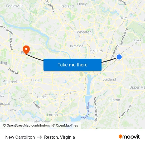 New Carrollton to Reston, Virginia map