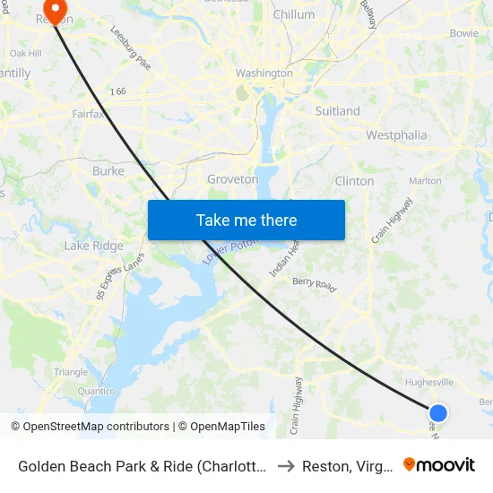 Golden Beach Park & Ride (Charlotte Hall) to Reston, Virginia map