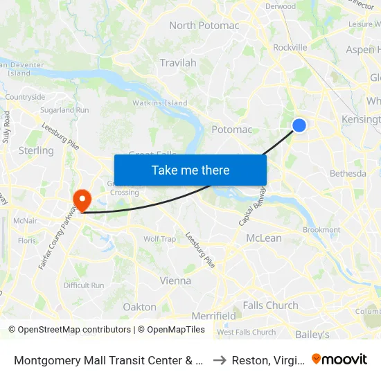 Montgomery Mall Transit Center & Bay A to Reston, Virginia map