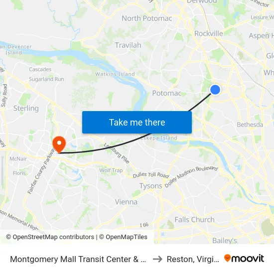 Montgomery Mall Transit Center & Bay B to Reston, Virginia map
