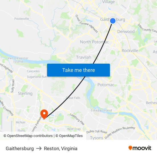 Gaithersburg to Reston, Virginia map