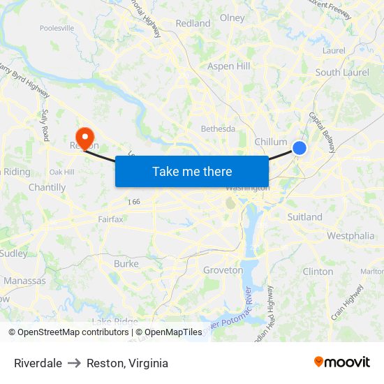 Riverdale to Reston, Virginia map