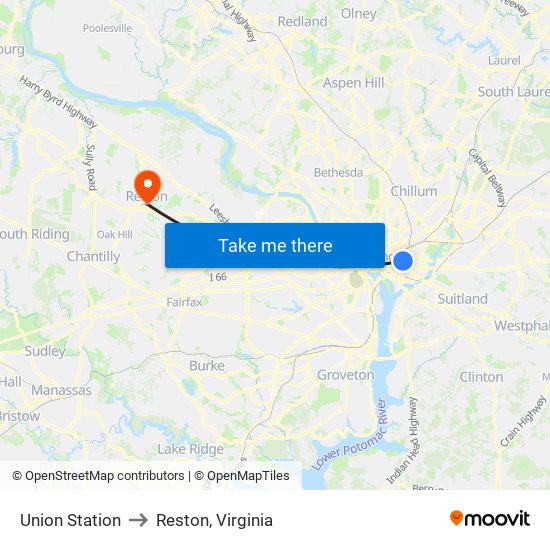 Union Station to Reston, Virginia map