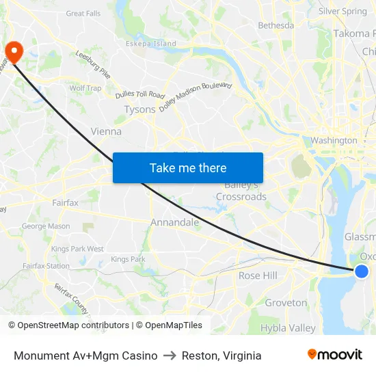 Monument Av+Mgm Casino to Reston, Virginia map