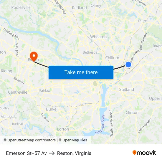 Emerson St+57 Av to Reston, Virginia map