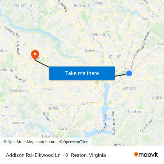 Addison Rd+Elkwood Ln to Reston, Virginia map