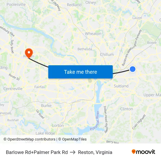 Barlowe Rd+Palmer Park Rd to Reston, Virginia map